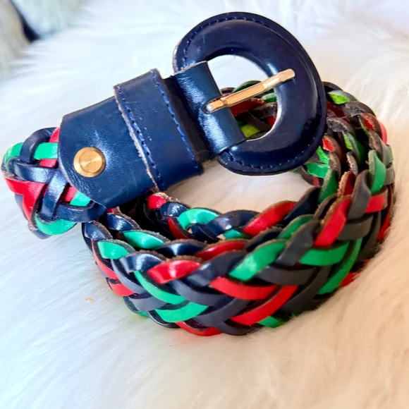 Vintage Italian braided leather belt navy green red woven adjustable main image 8
